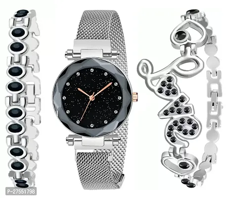 Analog Black Dial Watch With Love Bracelet