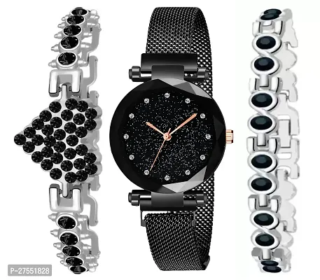 Analog Black Dial Watch With Love Bracelet