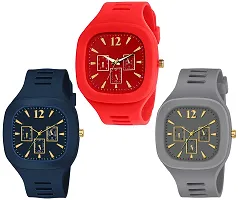 Motugaju Square Dial Blue Grey Red Analog Watches With Silicon Strap Stylish ADDI Designer Combo Watch for Mens  Boys Pack Of 3-thumb2