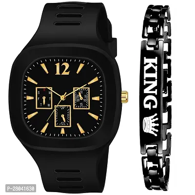 Motugaju Analog Black Square Dial Silicon Strap ADDI Stylish Designer Watch For Mens And Boys With King Bracelet Pack of 2