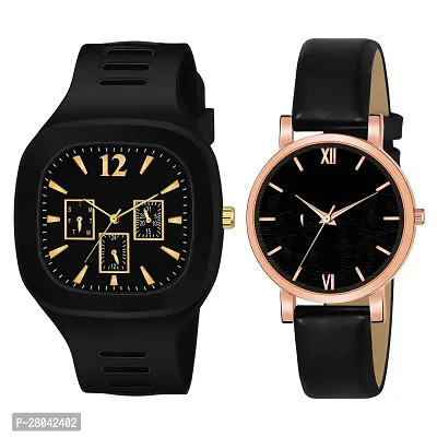 Motu Gaju Black Dial Coper Case Leather Analog Couple Watch Combo For Men And Women Pack Of - 2-thumb0