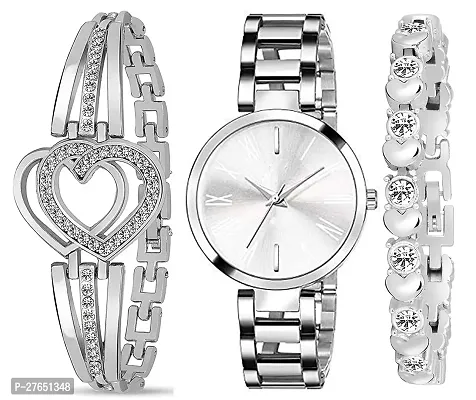 Motugaju Analog Silver Round Dial Combo Watch with Gift Bracelet for Women Or Girls-thumb0