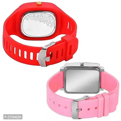 Motugaju Analog Square Red Pink Color Dial Premium Silicon And PU Strap ADDI Stylish Designer Analog Watch Combo for Boys And Girls-thumb2
