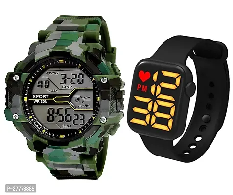 Motugaju Digital Green Military Day Date Month Alarm Stopwatch Army Dial Sports Watch With Heart Square LED Watch For Men Kids Watch for Boys Watch for Men Pack of 2