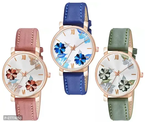 Motugaju Analog Flowered Dial Peach Blue Green Colour Leather Strap Combo Watch For Womens and Girls Pack Of 3 Watches