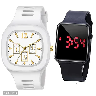 Motugaju Analog White Square Dial Silicon Strap ADDI Stylish Designer Watch Combo For Mens And Boys With Digital Black Led Watch
