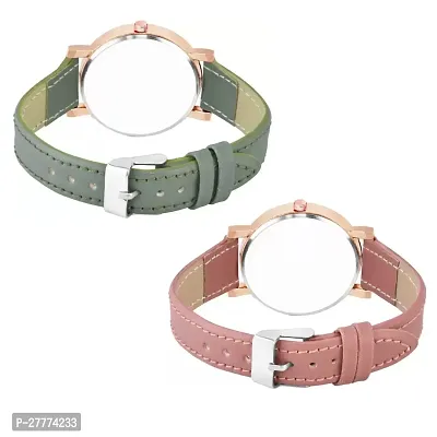 Motugaju Analog Flowered Dial Green Peach Colour Leather Strap Combo Watch For Womens and Girls Pack Of 2 Watches-thumb2