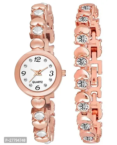 Motugaju Analog Small White Dial Watch With Diamond Studded Rose Bracelet Band And Bracelet Combo For Girls Watch For Womens Pack Of 2