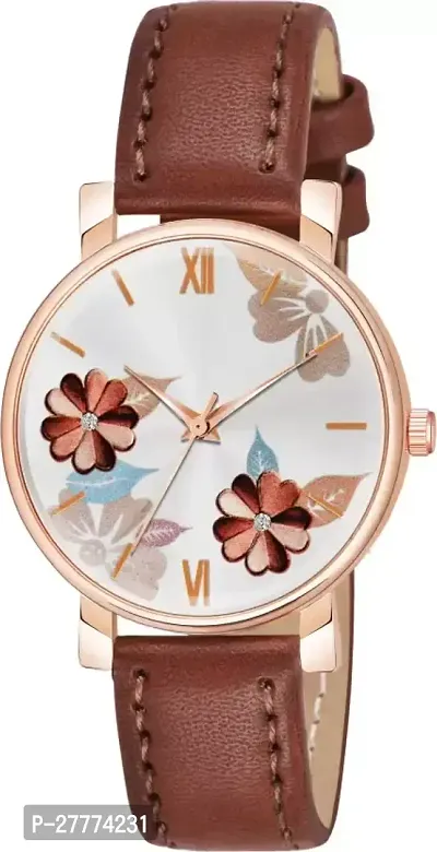 Motugaju Analog Flowered Dial Brown Peach Colour Leather Strap Combo Watch For Womens and Girls Pack Of 2 Watches-thumb3