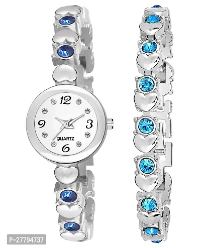 Motugaju Analog Small White Dial Watch With Sky Diamond Studded Bracelet Band And Bracelet Combo For Girls Watch For Womens Pack Of 2-thumb0