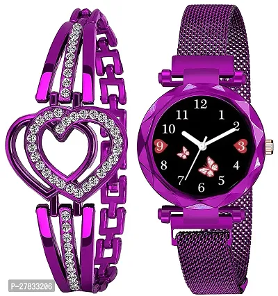 Motugaju Branded Analogue Diamond Black Butterfly Dial Purple Magnet Watch With Gift Bracelet For Women Or Girls And Watch For Girl or Women (Combo of 3)-thumb4