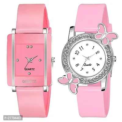 Motugaju Analog Pink Dial Square And Butterfly Round Dial Combo Watch For Girls And Womens-Set Of 2