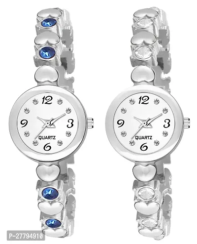 Motugaju Analog Round Dial Sky Silver Diamond Bracelet Belt Watch Combo Pack of 2 Watches Stylish Small Watch For Girls-thumb0