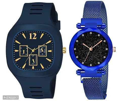 Motugaju Blue Analog Square And Round Dial Silicon And Magnet Belt Watch Combo-thumb0