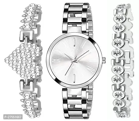 Analog Silver Dial Watch With Love Bracelet Steel Belt