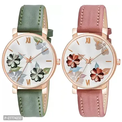 Motugaju Analog Flowered Dial Green Peach Colour Leather Strap Combo Watch For Womens and Girls Pack Of 2 Watches