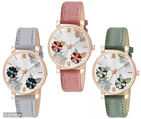 Motugaju Analog Flowered Dial Grey Peach Green Colour Leather Strap Combo Watch For Womens and Girls Pack Of 3 Watches