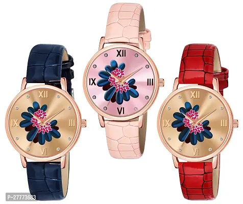 Motugaju Blue Pink Red Color Flower Dial Designer Leather Belt Analog Combo Of 3 Watch For Women and Girls