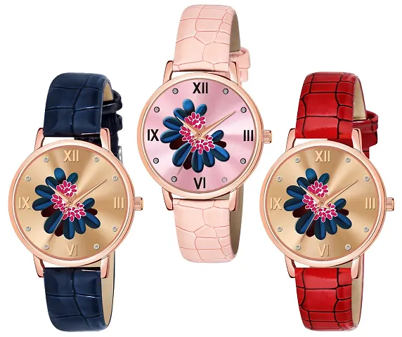 Motugaju Color Flower Dial Designer Leather Belt Analog Combo Of 3 Watch For Women and Girls