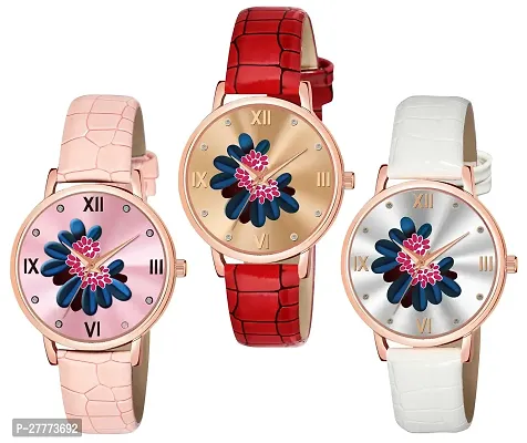 Motugaju Pink Red White Color Flower Dial Designer Leather Belt Analog Combo Of 3 Watch For Women and Girls