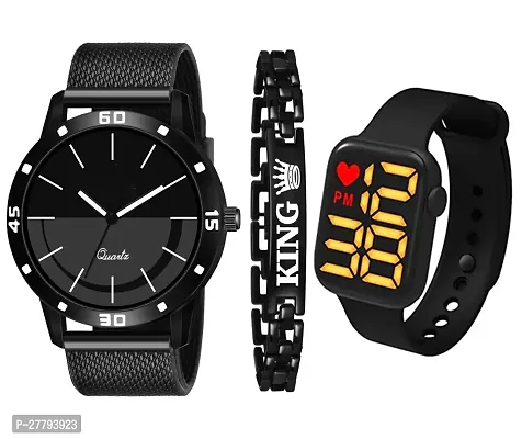 Motugaju Analog Round Black Dial PVC Belt With King Bracelet And Square Heart Led Digital Watch For Boys And Watch For Kids