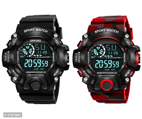 Digital Watch Shockproof Automatic Army Red Black Color Strap Waterproof Digital Sports Combo Watch for Men Kids Watch for Boys Watch for Men Pack of 2