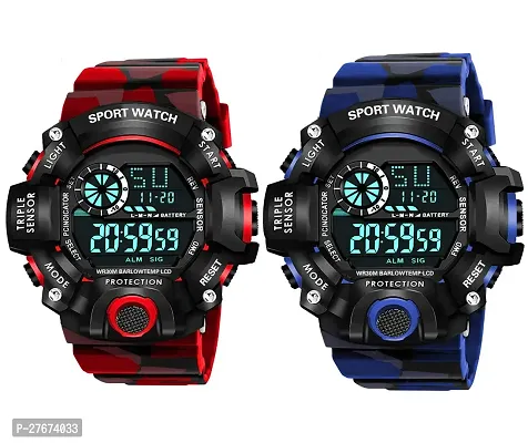Digital Watch Shockproof Automatic Army Red Blue Color Strap Waterproof Digital Sports Combo Watch for Men Kids Watch for Boys Watch for Men Pack of 2-thumb0