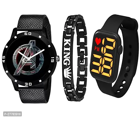 Motugaju Analog Avanger Black Dial PVC Belt With King Bracelet And Square Heart Led Digital Watch For Boys And Watch For Kids