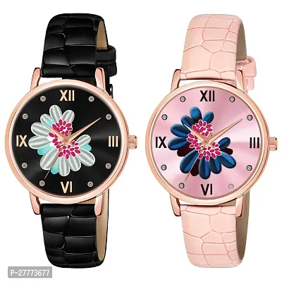 Motugaju Black Pink Color Flower Dial Designer Leather Belt Analog Combo Of 2 Watch For Women and Girls-thumb0