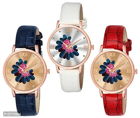 Motugaju Blue White Red Color Flower Dial Designer Leather Belt Analog Combo Of 3 Watch For Women and Girls