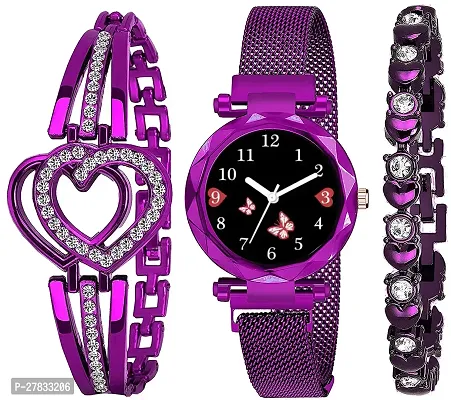 Motugaju Branded Analogue Diamond Black Butterfly Dial Purple Magnet Watch With Gift Bracelet For Women Or Girls And Watch For Girl or Women (Combo of 3)