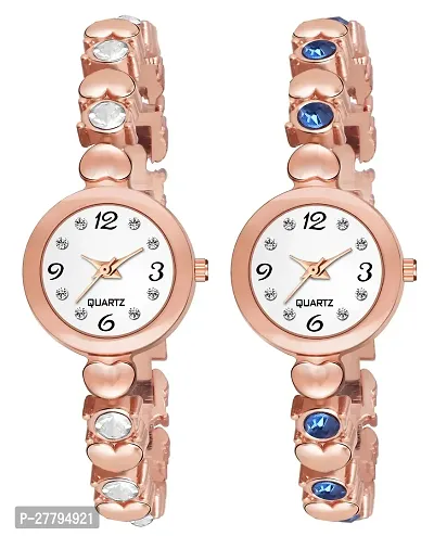 Motugaju Analog Round Dial Rosegold Blue Diamond Bracelet Belt Watch Combo Pack of 2 Watches Stylish Small Watch For Girls-thumb0