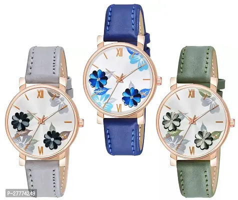 Motugaju Analog Flowered Dial Grey Blue Green Colour Leather Strap Combo Watch For Womens and Girls Pack Of 3 Watches