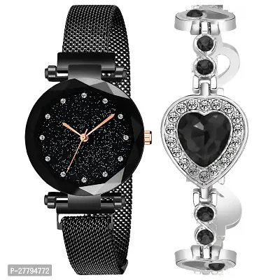 Motugaju Black Colors Magnet Strap Analogue Womens and Girls Watch Sweet Heart 7 Colors Bracelet Combo for Girls  Womens Watch (Set of 2)