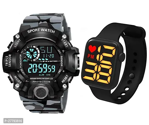 Motugaju Digital Grey Day Date Month Alarm Stopwatch Army Dial Sports Watch With Heart Square LED Watch For Mens Kids Watch for Boys Watch for Men Pack of 2-thumb0