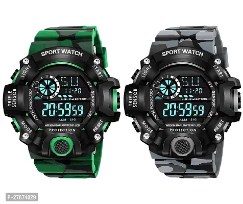 Digital Watch Shockproof Automatic Army Green Grey Color Strap Waterproof Digital Sports Combo Watch for Men Kids Watch for Boys Watch for Men Pack of 2