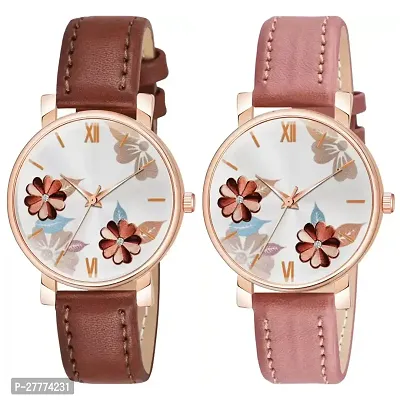 Motugaju Analog Flowered Dial Brown Peach Colour Leather Strap Combo Watch For Womens and Girls Pack Of 2 Watches