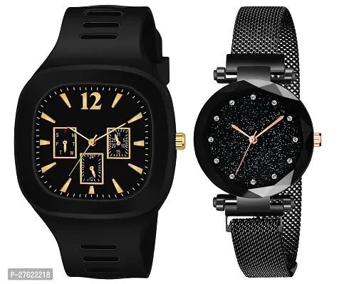 Motugaju Black Analog Square And Round Dial Silicon And Magnet Belt Watch Combo