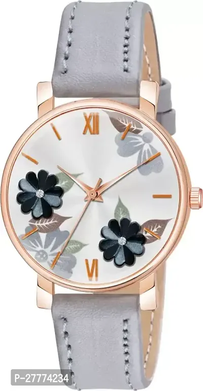 Motugaju Analog Flowered Dial Grey Peach Colour Leather Strap Combo Watch For Womens and Girls Pack Of 2 Watches-thumb3