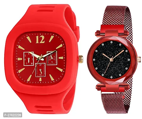 Motugaju Red Analog Square And Round Dial Silicon And Magnet Belt Watch Combo-thumb0