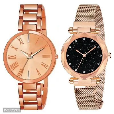 Motugaju Analog Rosegold Dial Stainless Steel Magnetic Belt Watch Combo For Womens And Girls Pack Of 2