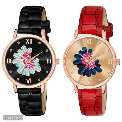 Motugaju Black Red Color Flower Dial Designer Leather Belt Analog Combo Of 2 Watch For Women and Girls