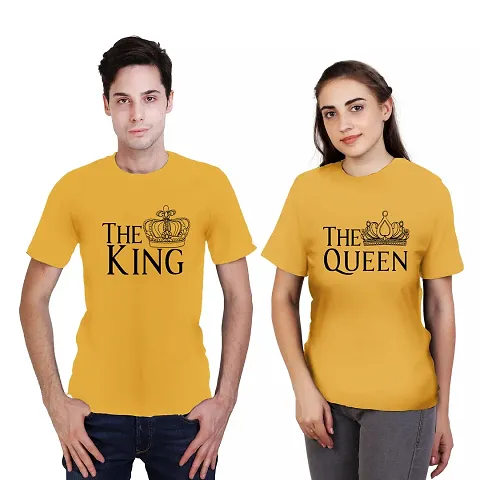 LIMIT Fashion Store - King Queen Unisex Couple Yellow Colored Printed Gift T-Shirt
