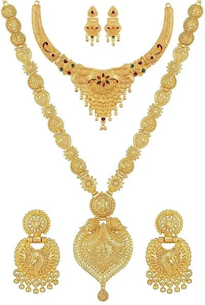 Traditional Alloy Golden Long And Short Jewellery Sets