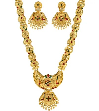 Shimmering Golden Alloy AD Stone Work Long Jewellery Sets For Women