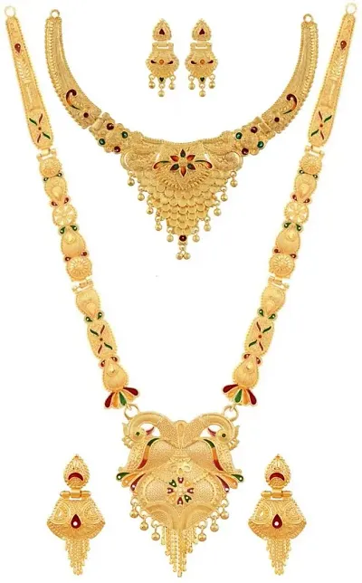 Traditional Alloy Golden Long And Short Jewellery Sets