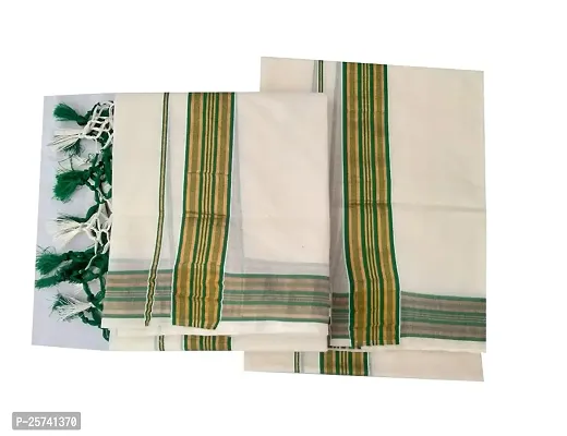 kerala saree set mundu gold  colour border fancy 2 mtr, 2.5 mtr double colour kunjam worked (leaf green)