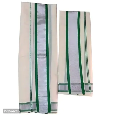 Women's Cotton Kerala hand loom saree set mundu (leaf green/silver)-thumb0