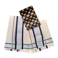 Women's Cotton Handloom Kerala Saree Set Mundu Saree with Printed Blouse (Black, Silver)-thumb1