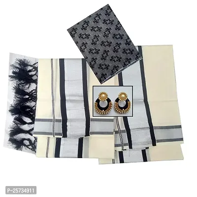 Kerala saree set mundu kunjam worked 2x3 black silver 2mtr, 2.5 mtr, 1 mtr jacquard embossed blouse with black silver thread work earrings (rangoli)-thumb0